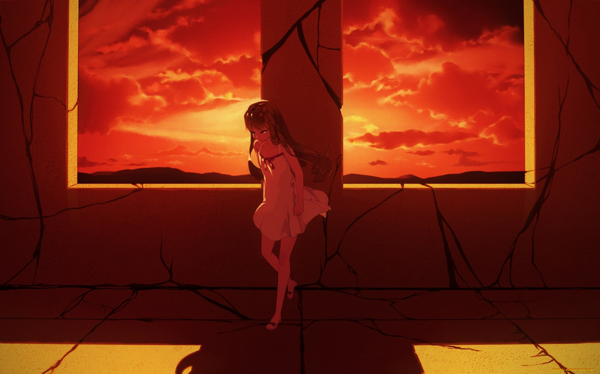Закат в окне аниме